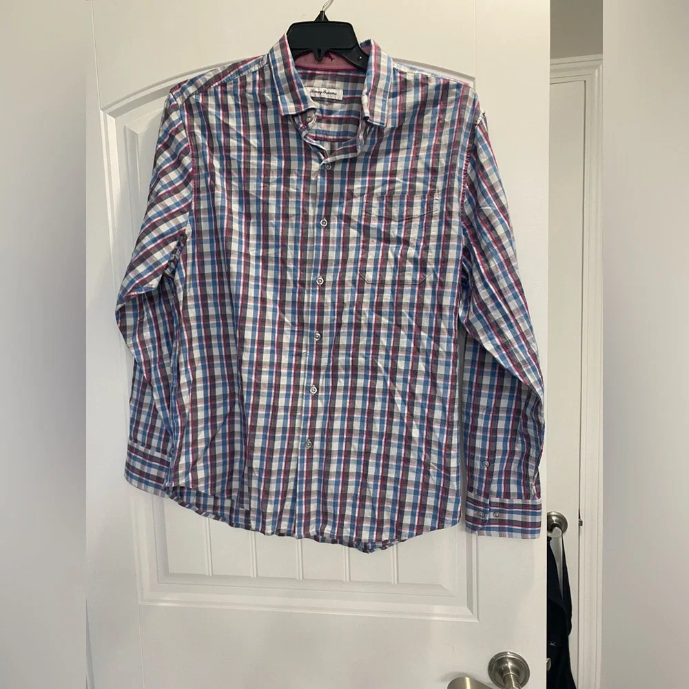 TOMMY BAHAMA Button Up Shirt~Mens L~SILK/Cotton Blend~blue Pink~PlaidL/S